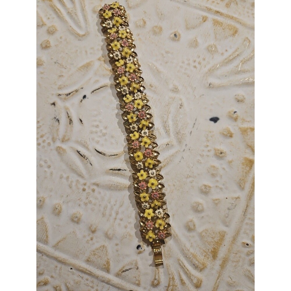 Rare Vintage Monet Signed Enamel Flower Bracelet Rhinestones